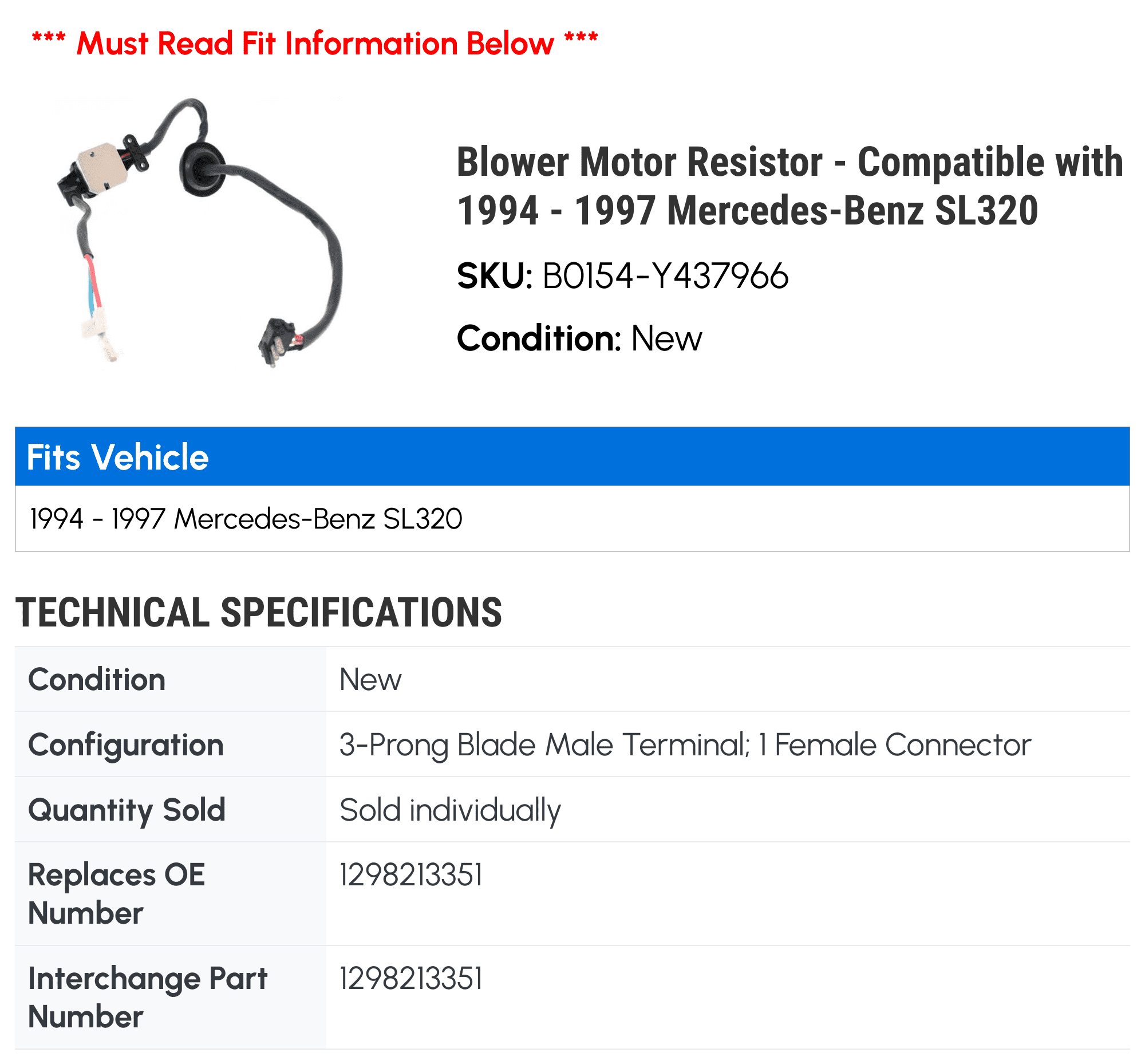 Blower Motor Resistor - Compatible with 1994 - 1997 Mercedes-Benz SL320 1995 1996
