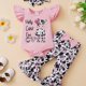 thumbnail image 1 of Get Your Little One Ready for Summer with this 3-Piece Cute Cow Graphic Print Set - Onesie, Flared Pants, and Headband, 1 of 5