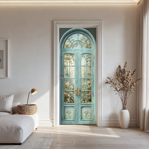 French Country Arched Double Door Sticker - 30.3x78.7in Turquoise Floral Peel and Stick Door Decal for Home Decor