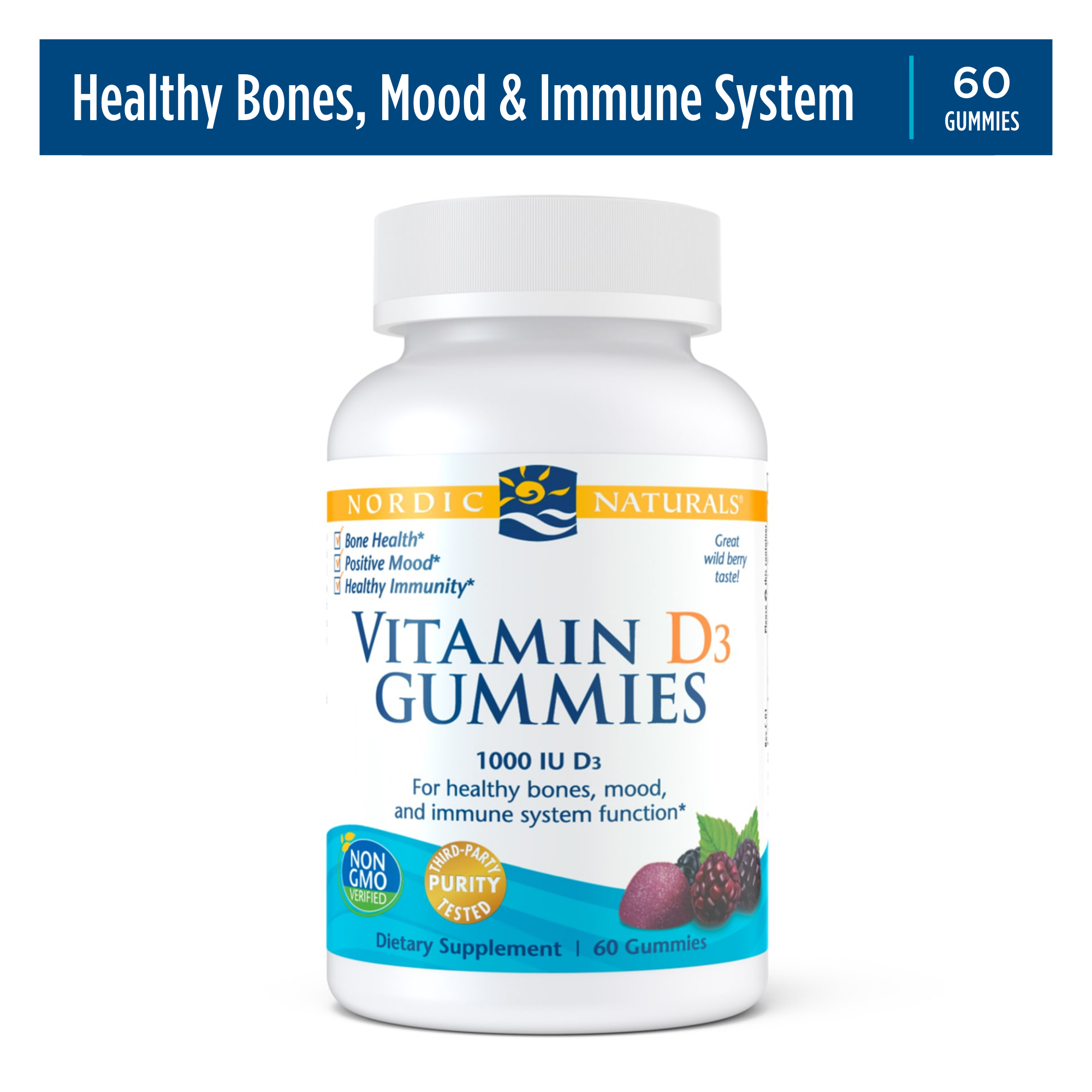 Nordic Naturals Vitamin D3 Gummies, Wild Berry, 1000 IU, Great Taste, 60 Ct