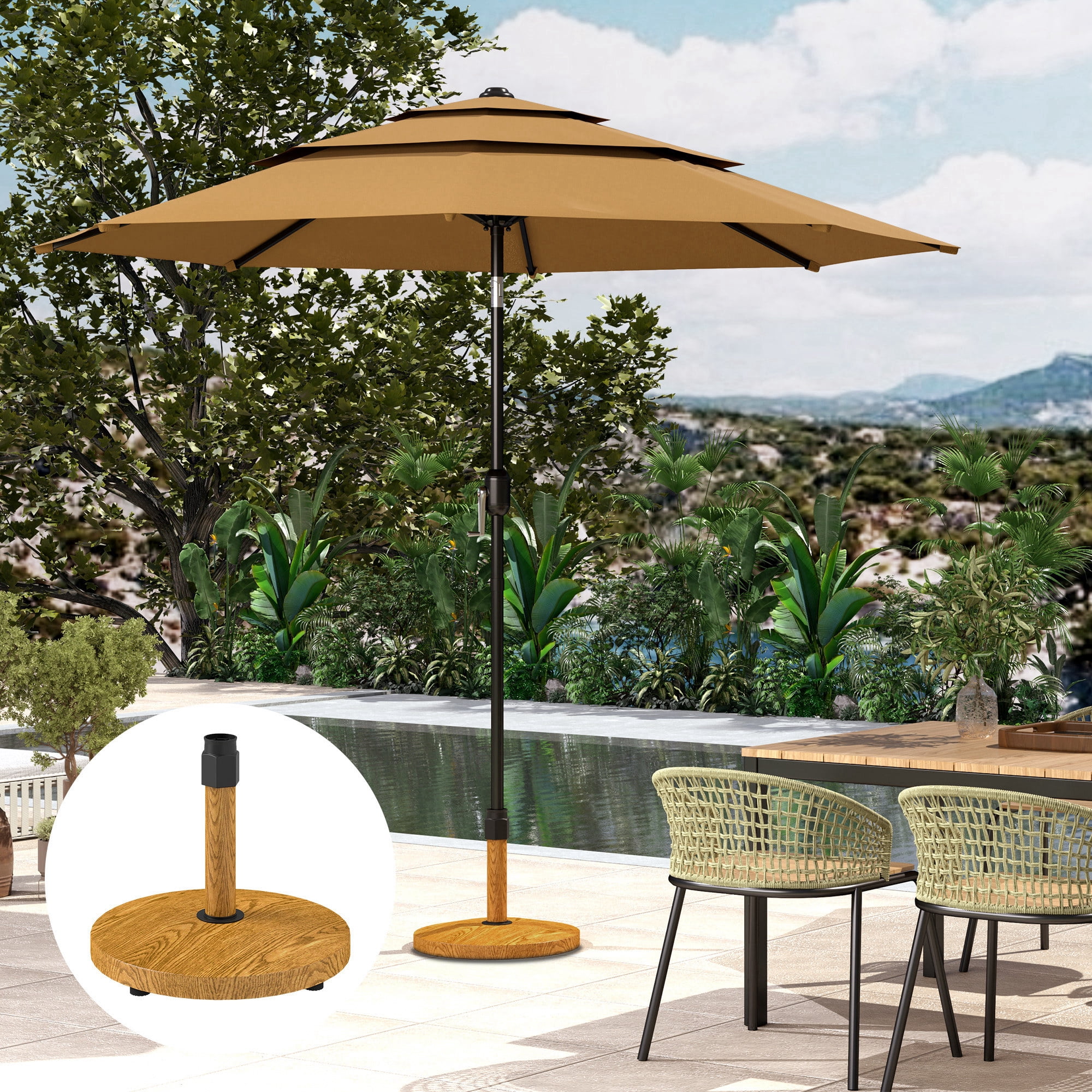 Homiyad Patio Umbrella Base Holder, Outdoor Umbrella Base with Wheels, Heavy Duty Patio Umbrella Stand Base for Garden, Poolside, Nature Wood