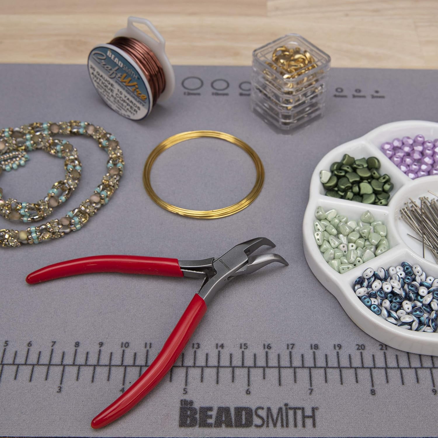 The Beadsmith Platinum Series German Bent Chain Nose Pliers, 4.75 inches (120mm) with Polished Steel Head, red PVC Comfort Grip Handle and Double-Leaf Spring, Tool for Jewelry Making
