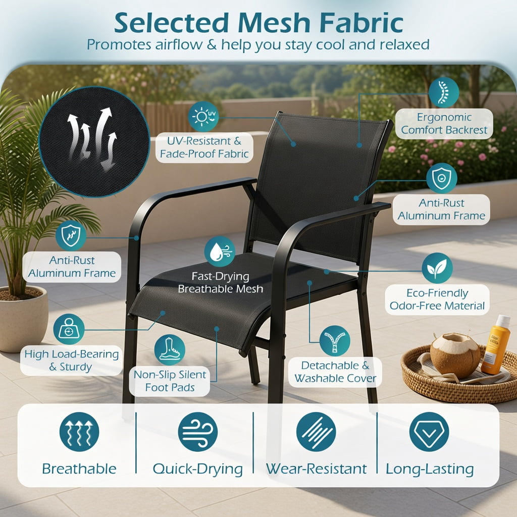 Hommoo Stackable Outdoor Dining Chairs Set of 6, Heavy-Duty Metal Frame Patio Chairs with Breathable Mesh Back, Ergonomic Armrests, Black