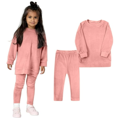 Toddler Sweatsuit Autumn Winter Kids Baby Girls Velvet Two Piece Casual Set  Child Solid Color Simple Outfit Toddler Sweatpants Pink 4 Years-5 Years