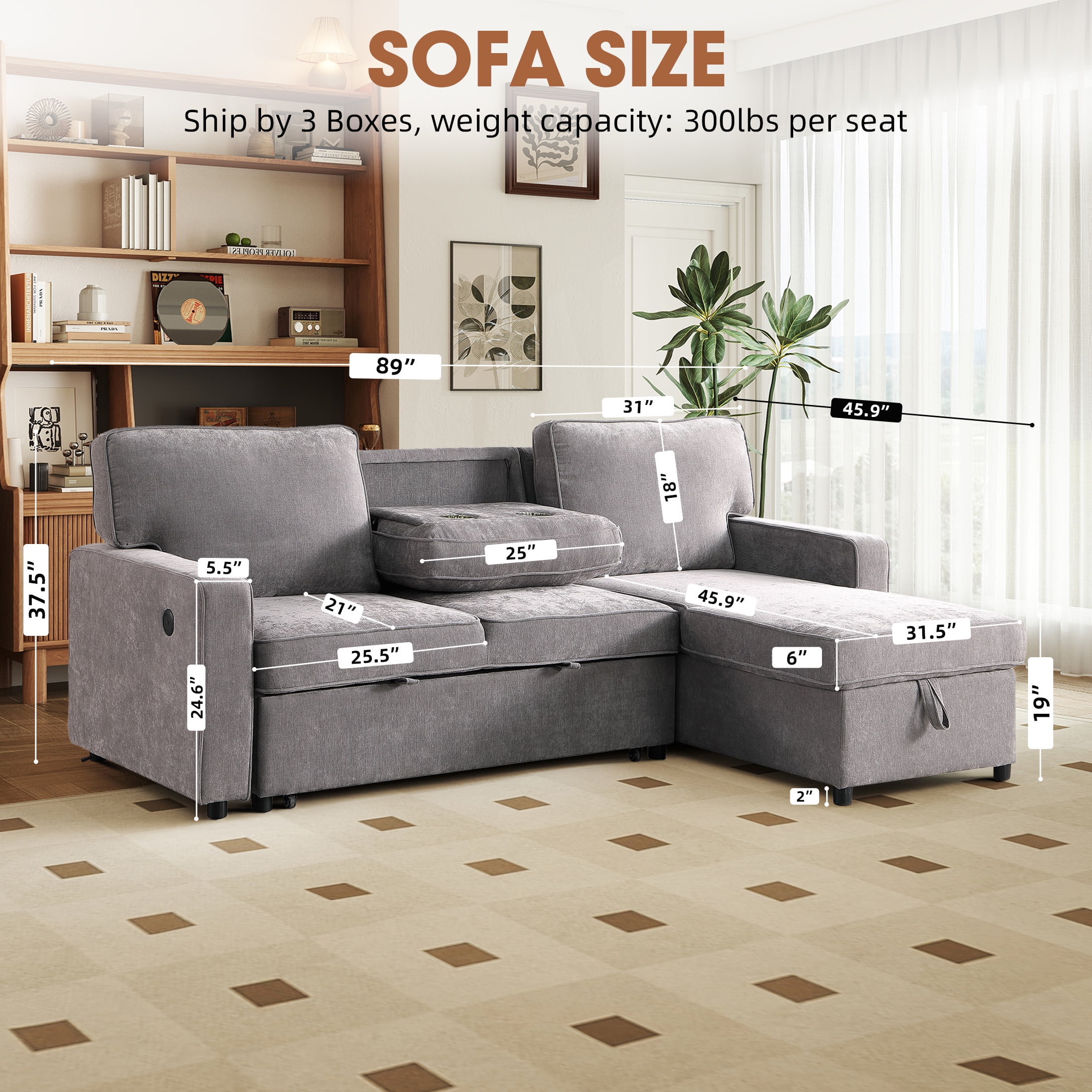 Aukfa Chenille Pull Out Sofa Bed, Reversible Sectional Couch with Storage Chaise, USB/Type-C, Beige