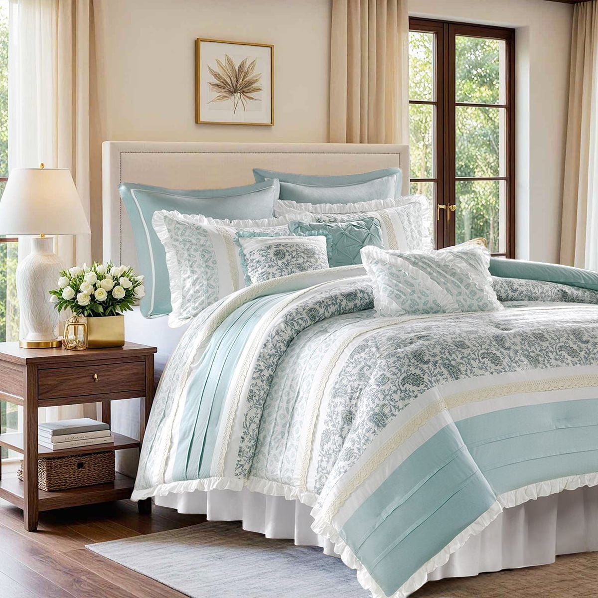 Madison Park King Size Comforter Set with Lace Taping Pintucked, Bedroom, Aqua, 9-Piece