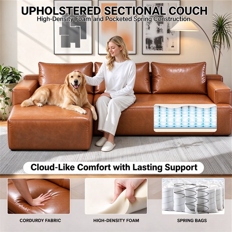 Aukfa 96" Brown Leather Cloud Sectional Sofa, L-Shaped photo 8