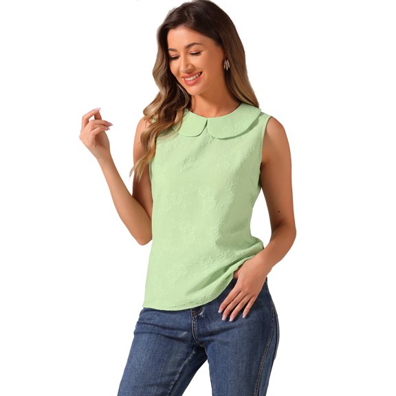 Unique Bargains Women's Peter Pan Collar Blouse Sleeveless Jacquard Floral Tank Top S Light Green