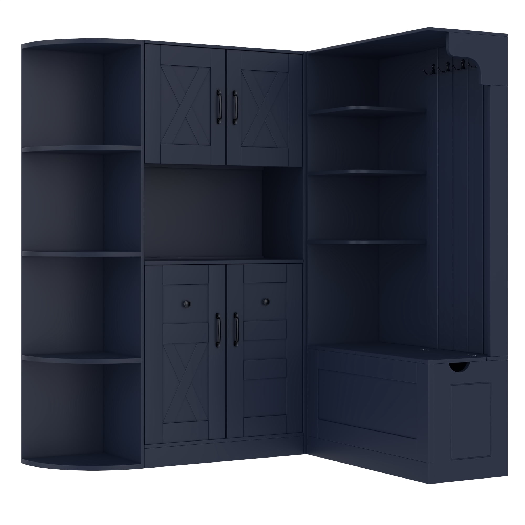T-Foyer Farmhouse Antique Blue Detachable Hall Tree with 4 Hooks & Bench, Wooden Rustic Entryway Organizer with Open Storage & 2 Cabinets
