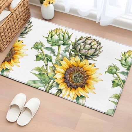 2x3 Ft Entryway Area Rug Sunflower Kitchen Rug Runner Washable Floor Mat Farmhouse Nature Garden Florals Watercolor Non Slip Indoor Door Mat Throw Carpet for Bathroom Living Room Bedroom