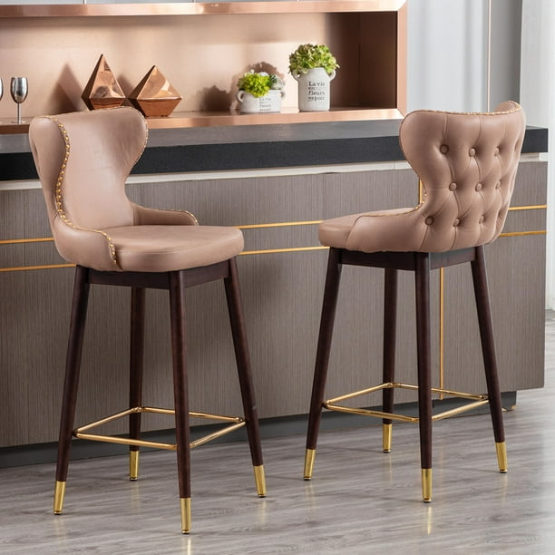 khaki Bar Stools Set of 2 for Kitchen Counter, Modern Tufted Faux ...