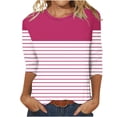 thumbnail image 2 of Jinhomg Plus Size Womens 3/4 Sleeve Tops Trendy Striped Printed Round Neck Tees Fall Casual Loose Going Out Wear Seasonal Sale Hot Pink L, 2 of 4