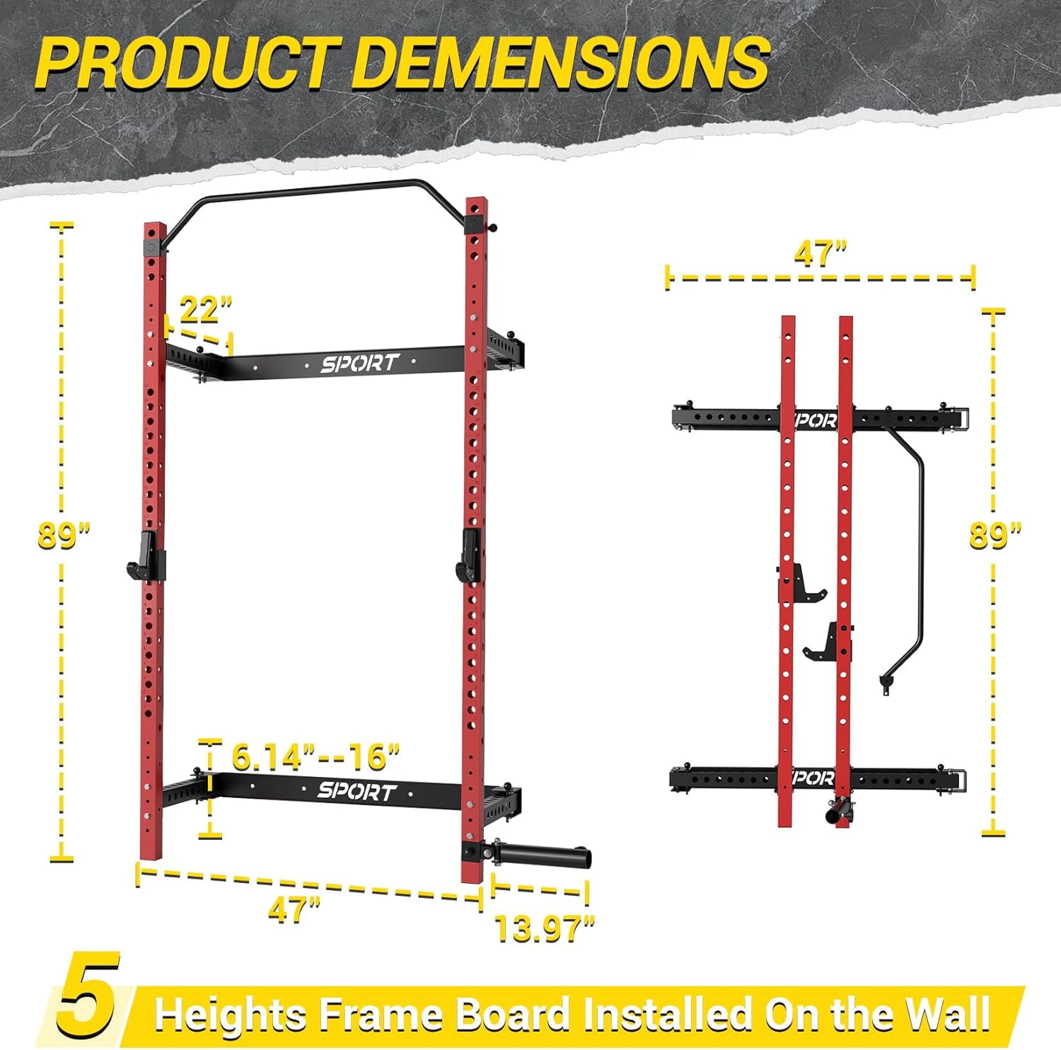 Riedhoff Folding Wall Mounted Squat Rack with Pull Up Bar, 47 x 22 x 89", Black & Red