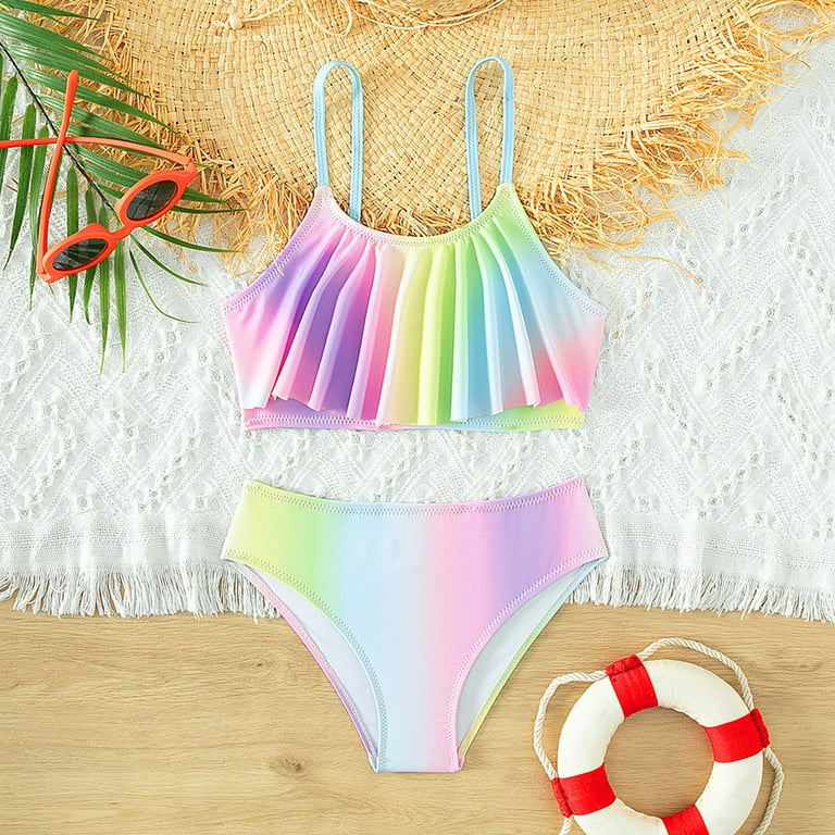 Kids Girls Swimsuit Two Pieces Tie Dye Bikini Set Ruffle Bathing