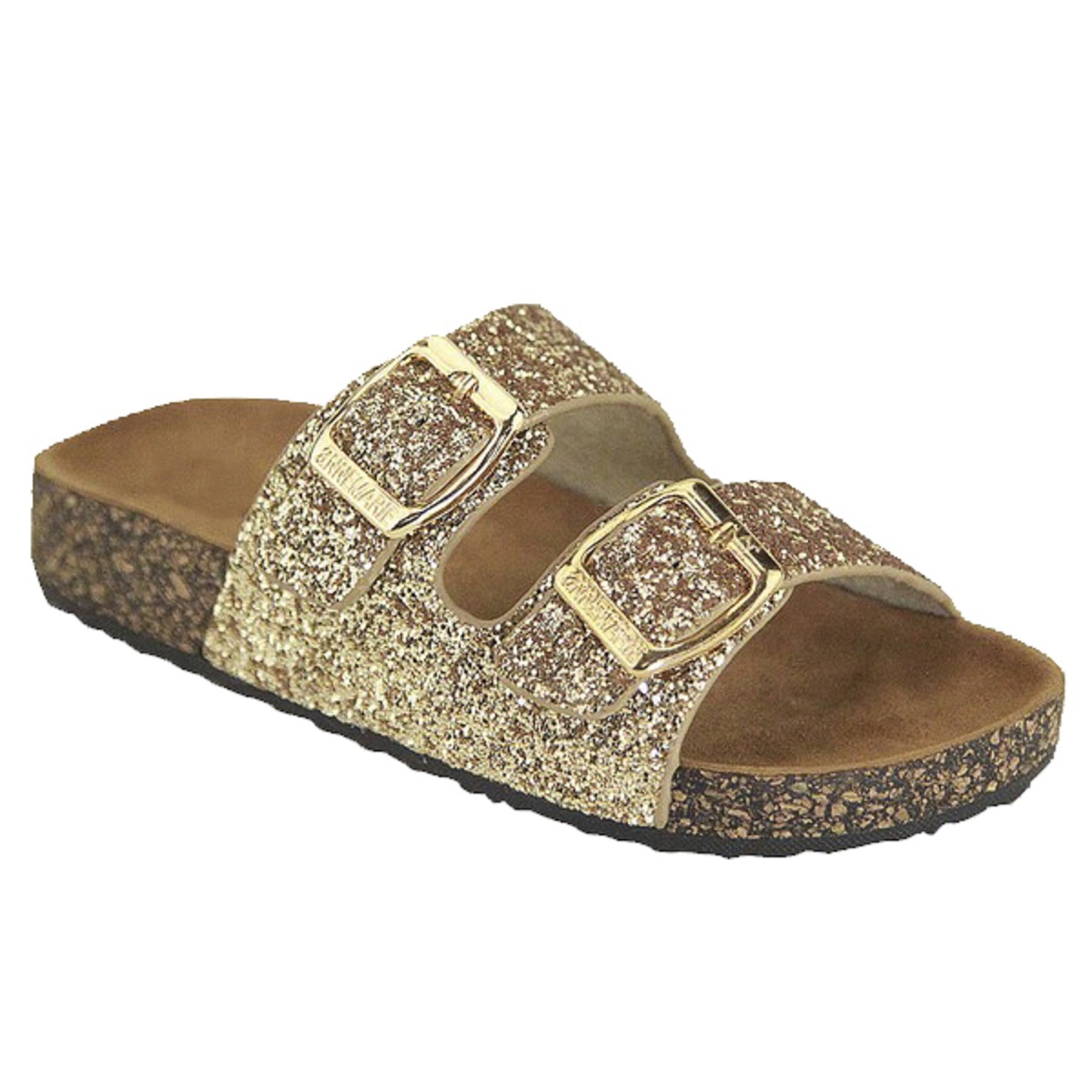 SNJ NEW Kids Girl Open Toe Glitter Solid Double Strap Cork Sole Slide Sandal