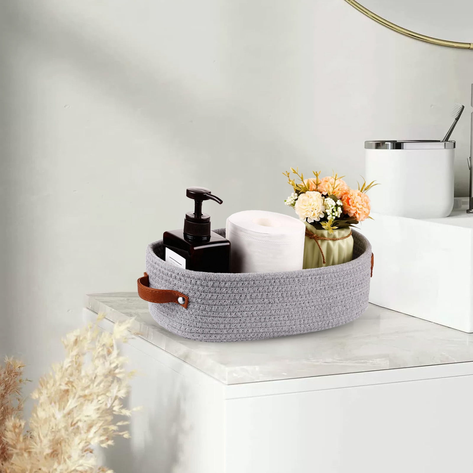 VQPeo Woven Cotton Storage Basket, Multipurpose Bathroom Organizer for Toilet Tank Top & Counters(Gray)