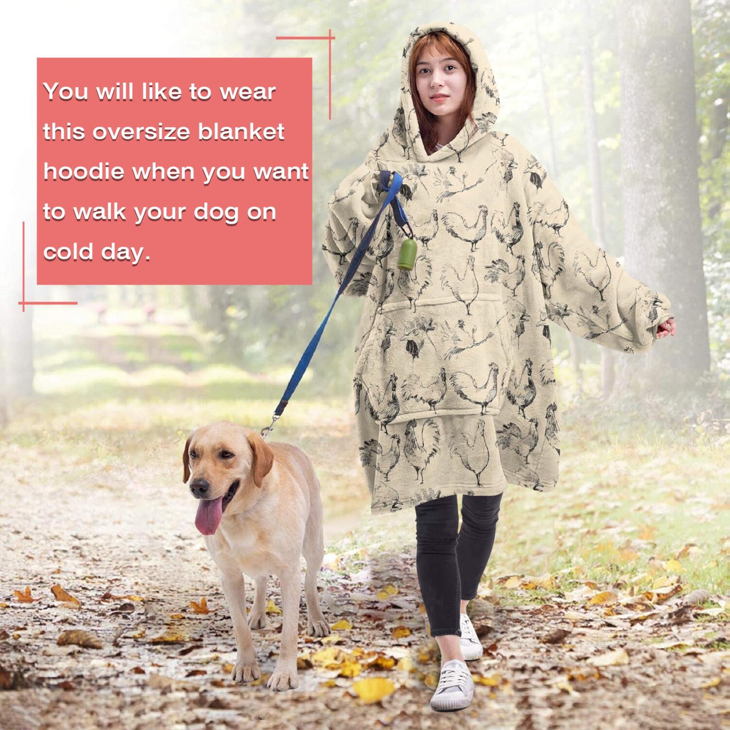 Wearable Oversized Blanket,Beige Chicken Sketch Pattern Wearable Blanket Hoodie for Adults,Cozy Hooded Blankets with Super Pockets,Super Warm Fuzzy Pullover for Women & Men