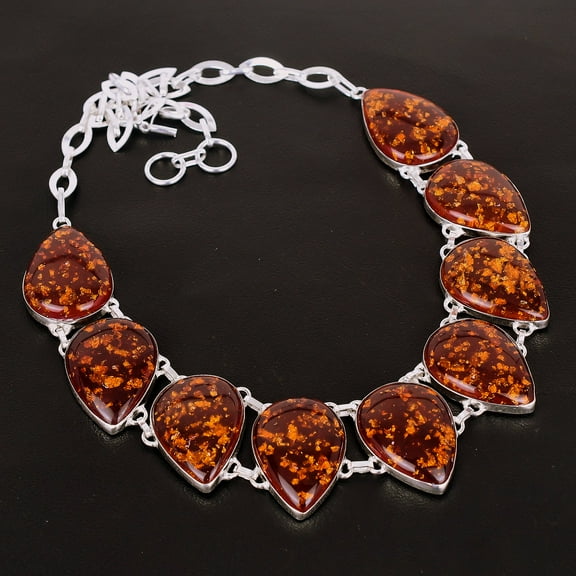 Yellow Amber Pear Gemstone 925 Sterling Silver Boho Jewelry Necklace 18" VJ 3383
