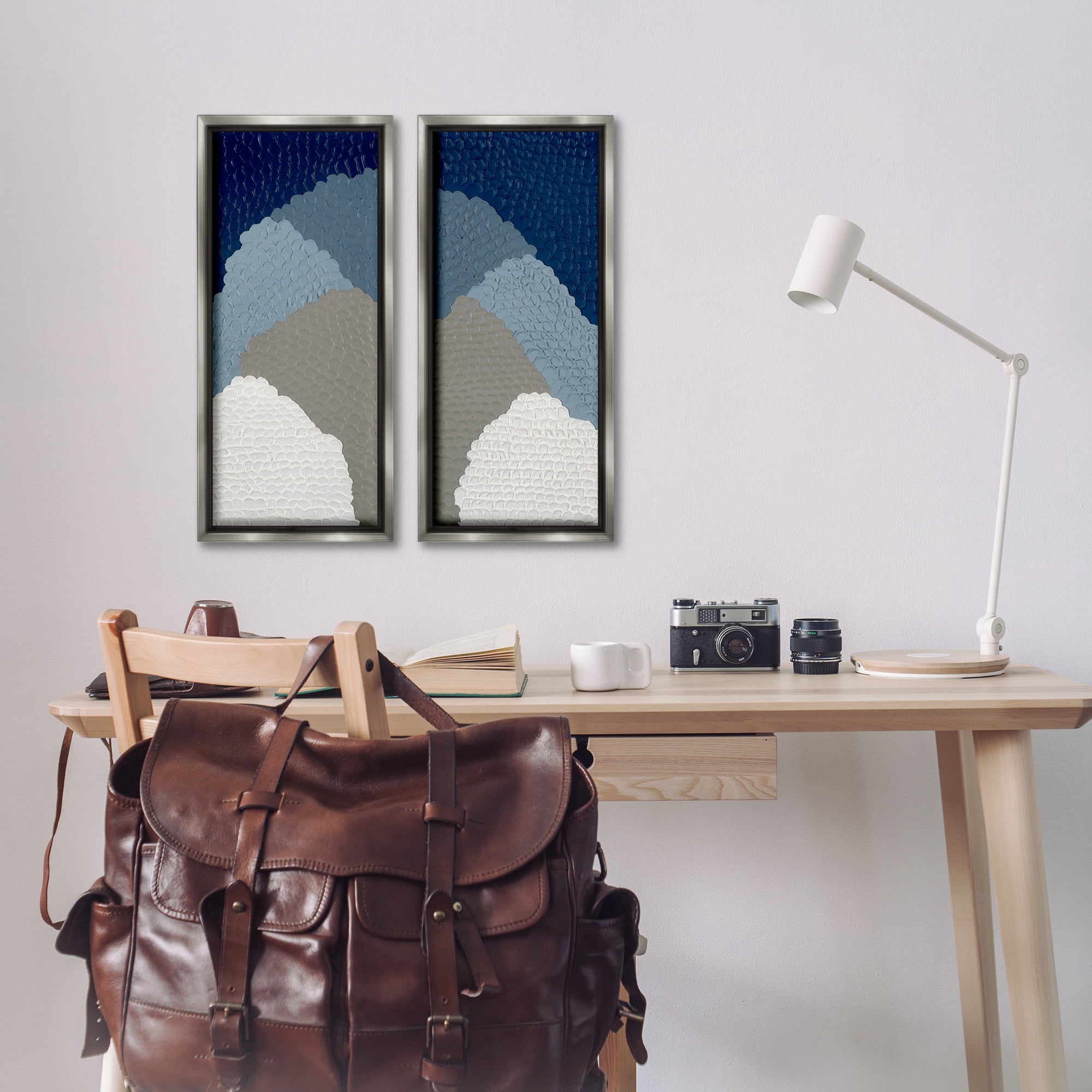 Stupell Industries Textured Blue Abstract Mountains Abstract Painting Gray Floater Framed Canvas Art Print Wall Art, 11 x 25, Set of 2