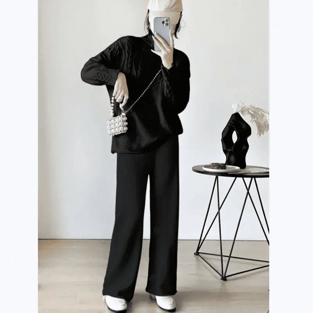 Suéter de punto de cuello alto, pantalones anchos y rectos, pantalones casuales, otoño e invierno, conjunto de moda para mujer de altura alta