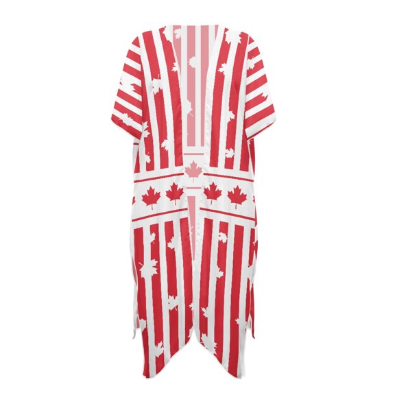 HELLHERO Canadian Maple Leaf Stripe Kimono Cover Up - Lightweight Breathable Beachwear for Summer Vacation, Pool & Resort - Women's Loose Fit Swimsuit Coverup