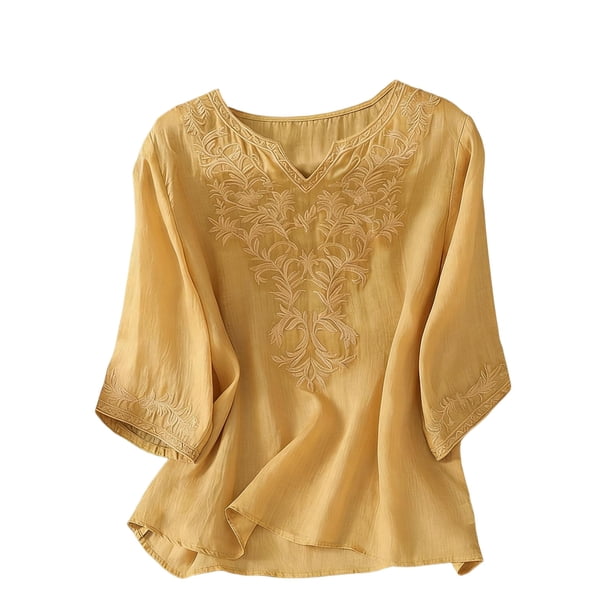 Tops de Lino para Mujeres Lino de Imitación Bordado Casual de Mediana Longitud con Cuello en V Manga Superior 3/4 para el Hogar Y el Uso Diario