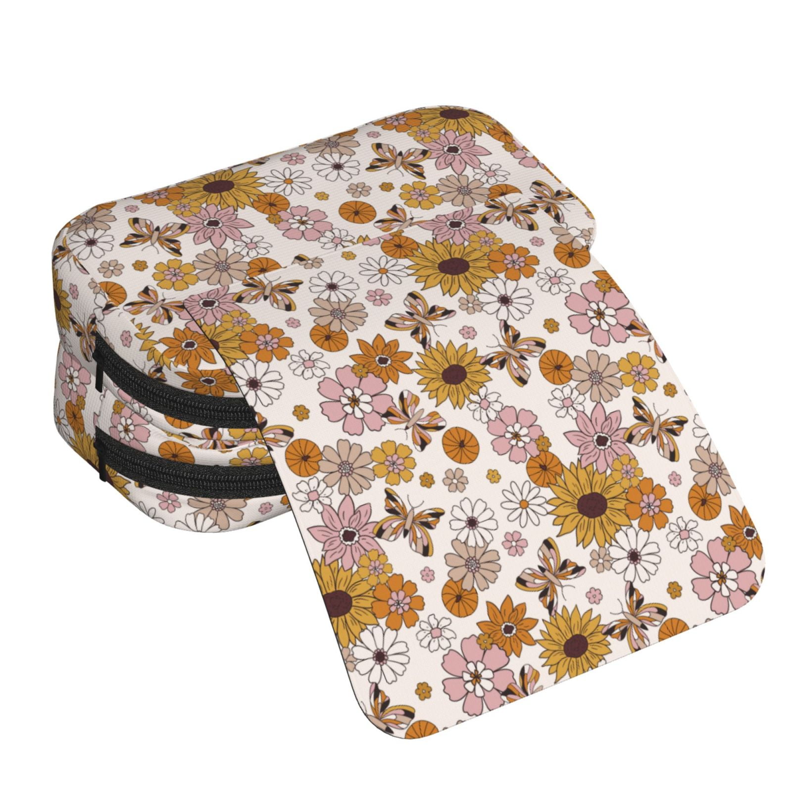 Rateoe Sunflowers And Butterflies Pattern Double Clamshell Pen Case, Storage Organizer with Two Zipper Compartments– Holds Up to 50 Pencils & Pens