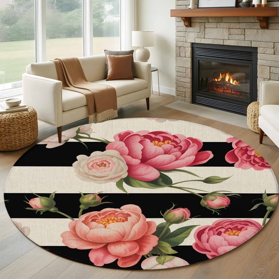 Flower Stripes Round Rug 5ft Washable Circle Kitchen Rugs Non Slip Black White Geometric Pink Rose Floral Large Area Rug Indoor Floor Carpet for Bedroom Living Room Home Office Dining Room Nursery
