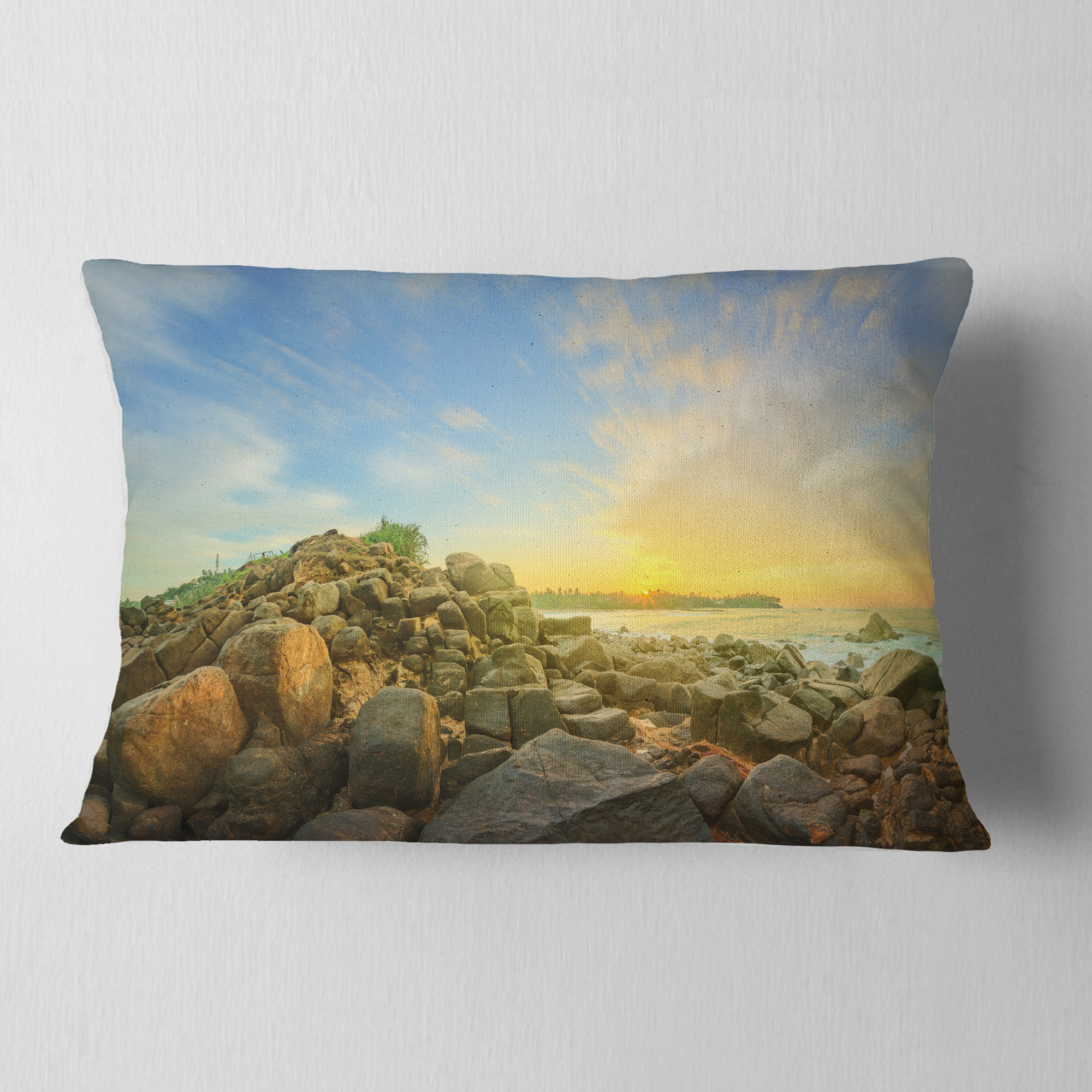Designart Untouched Romantic Beach of Sri Lanka - Landscape Printed Throw Pillow - 12x20