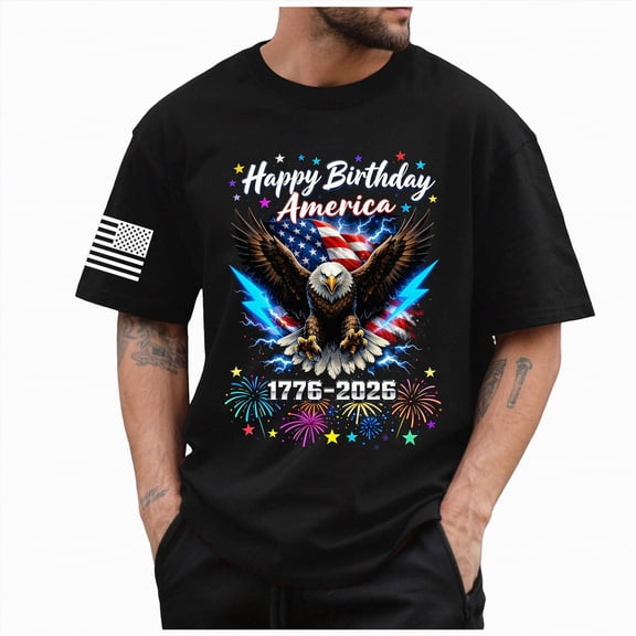 mgoYE 250 Anniversary USA Shirt 4th of July 2026 Men Tshirts Short Sleeve Crew Neck Happy Birthday America Graphic Tee Black XL