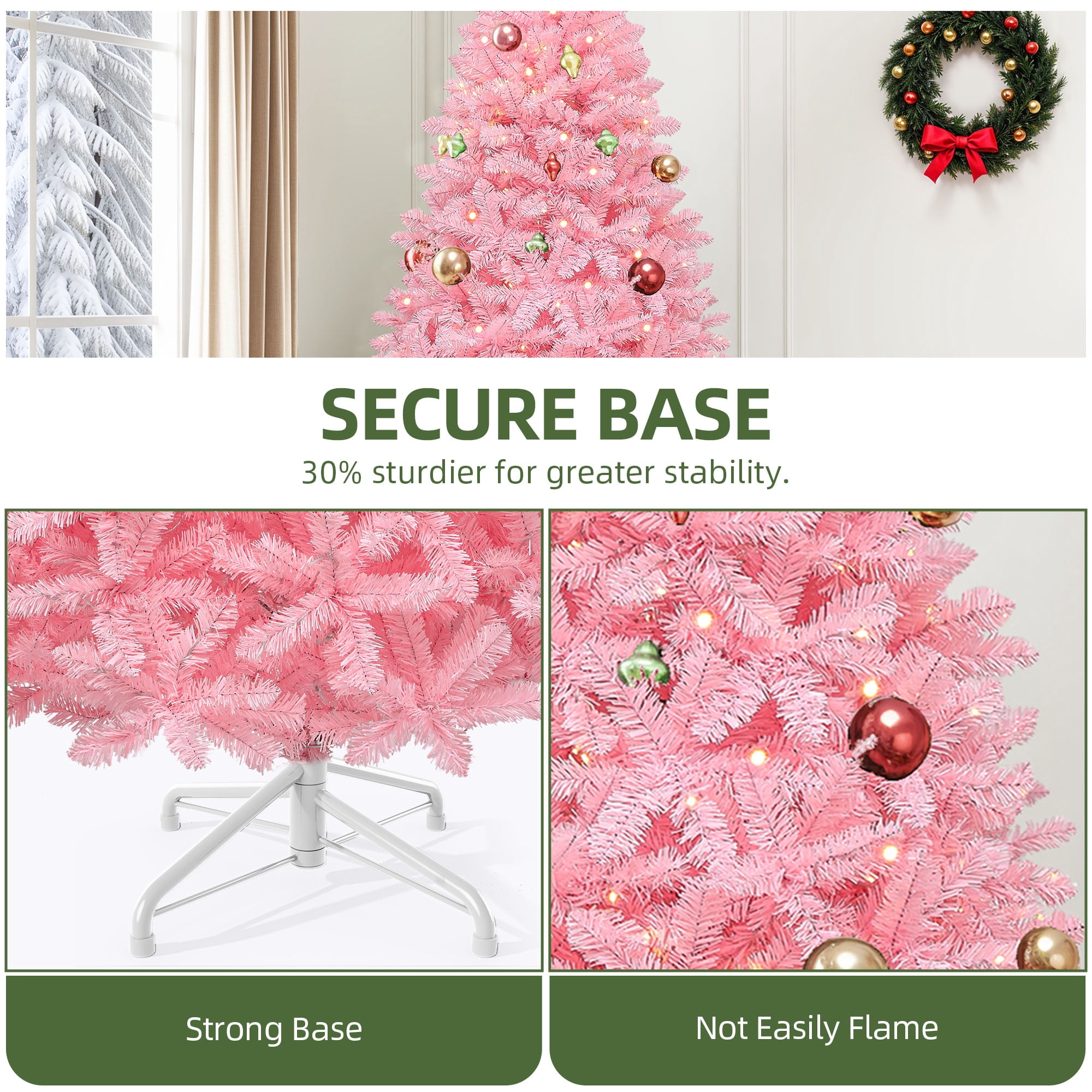 Uforic 7.5 ft Pre-lit Spruce Artificial Christmas Tree with 1350 PVC Tips & 550 Warm-White Lights, Pink