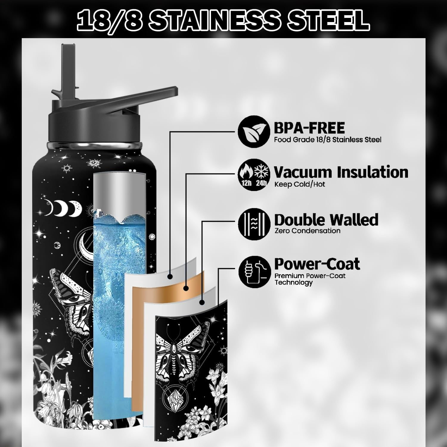 32oz Goth Water Bottle - Double Wall Vacuum Insulated Stainless Steel Tumbler with Leakproof Flip Straw & Handle, Gothic Aesthetic Travel Mug for Hot/Cold Drinks - Gift for Goth Lovers