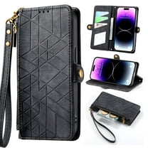 Cutyskin Wallet Case for iPhone 16, Zipper Purse Folio Leather Wallet with RFID Blocking Card Holder Wrist Strap Magnetic Clasp Shockproof Full Body Case for iPhone 16,Black