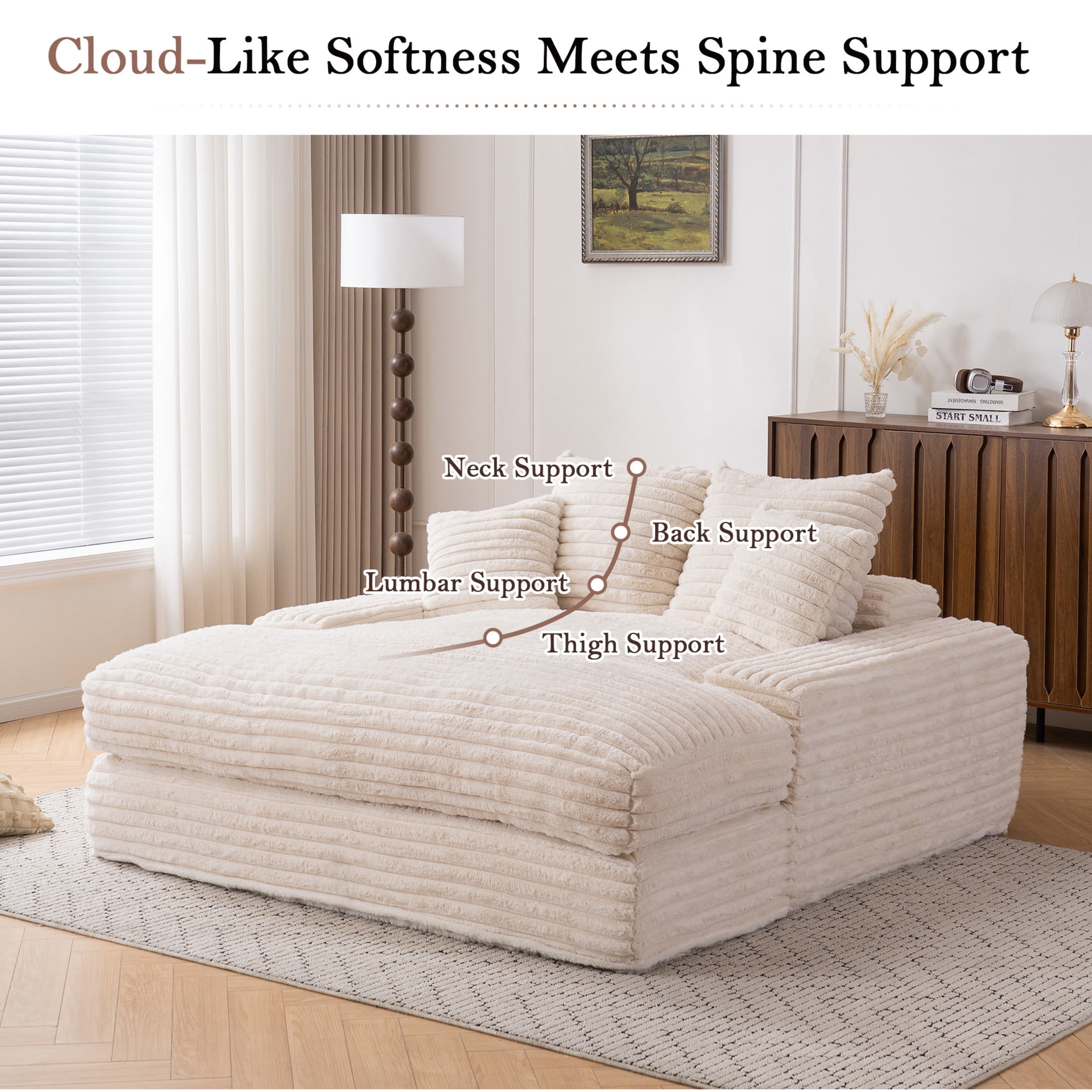 Noble House Heliox 68" Oversized Chaise Lounge Chair, Plush Corduroy Sleeper Sofa Bed with Removable Pillows, Beige