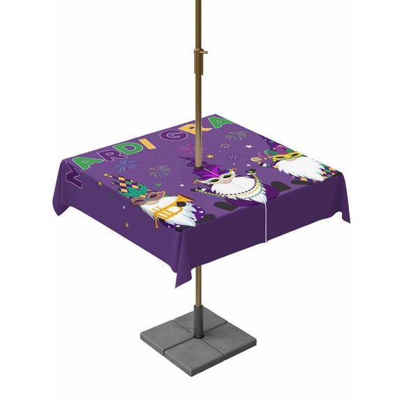 Outdoor Tablecloth with Umbrella Hole, Purple Carnival Cute Gnomes Zippered Table Cloth for Rectangle Tables, Mardi Gras Washable Waterproof Tablecloths for Picnic Patio Garden