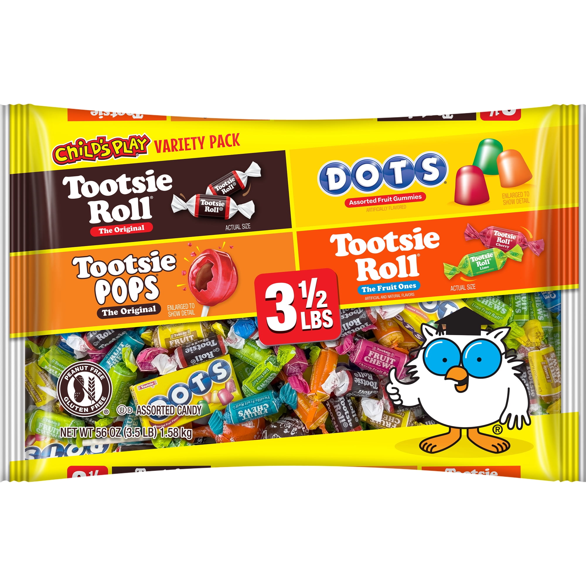 Tootsie Child's Play, Assorted Candy, 56 oz. Individually Wrapped, Peanut Free, Gluten Free, Contains Milk.
