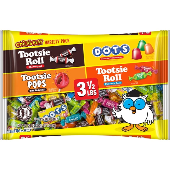 Tootsie Child's Play, Assorted Candy, 56 oz. Individually Wrapped, Peanut Free, Gluten Free, Contains Milk.