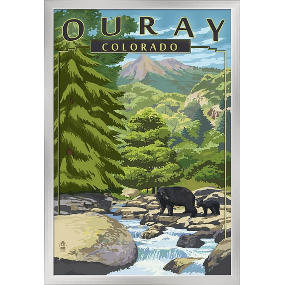 Ouray, Colorado - Black Bears & Stream - Lantern Press Artwork (24x36 Giclee Art Print, Gallery Framed, Silver Wood)