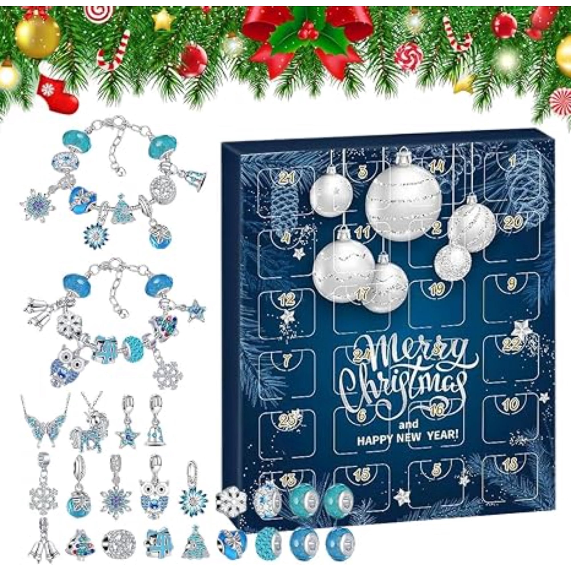 24 Days Christmas Advent Calendar DIY Charm Jewelry Kit, Silver Plated Bracelet and Necklace Making Set with Premium Holiday Gift Box