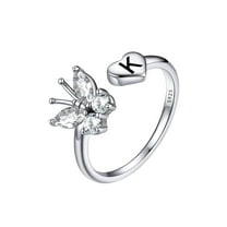 FaithHeart Sterling Silver Butterfly Initial Rings for Women Adjustable Open Stackable Heart Finger Ring Dainty Cubic Zirconia Jewelry Gift Letter K
