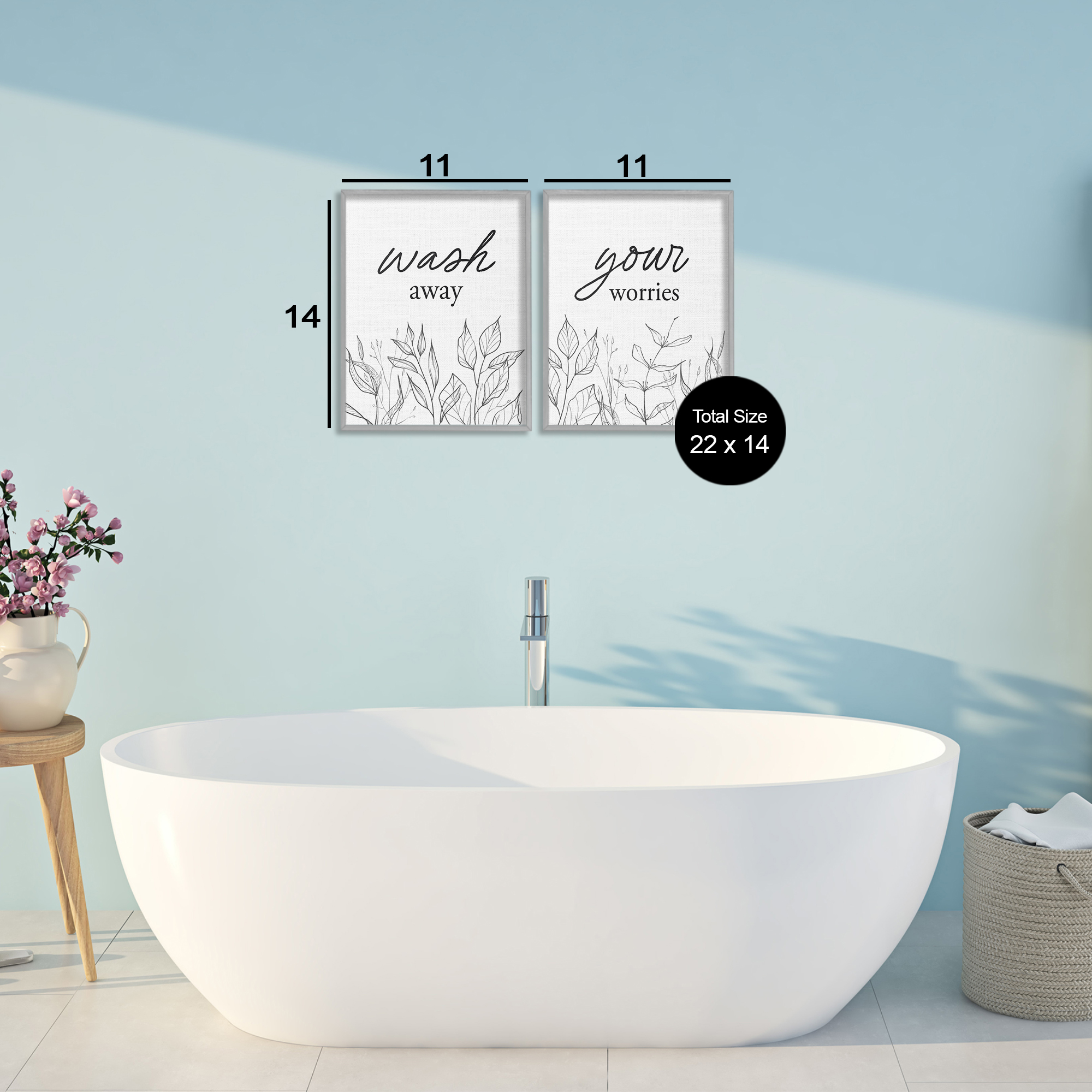 Wash Away Worries Minimalist Leaves 2 Piece Gray Framed Giclee Art Set, design by Lettered and Lined