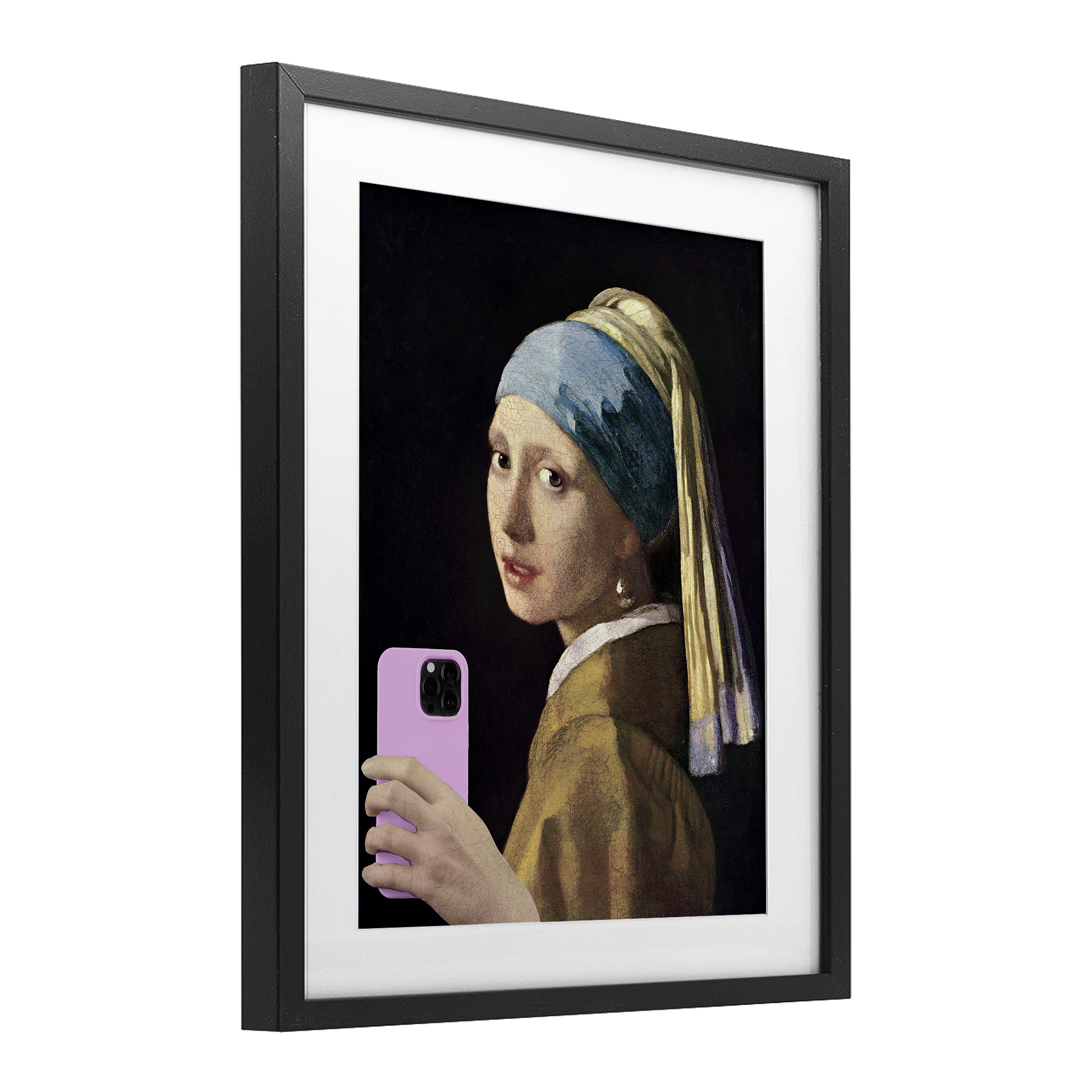 Girl With Pink Phone Funny Black Framed Print Under Glass, design by Masters Redux