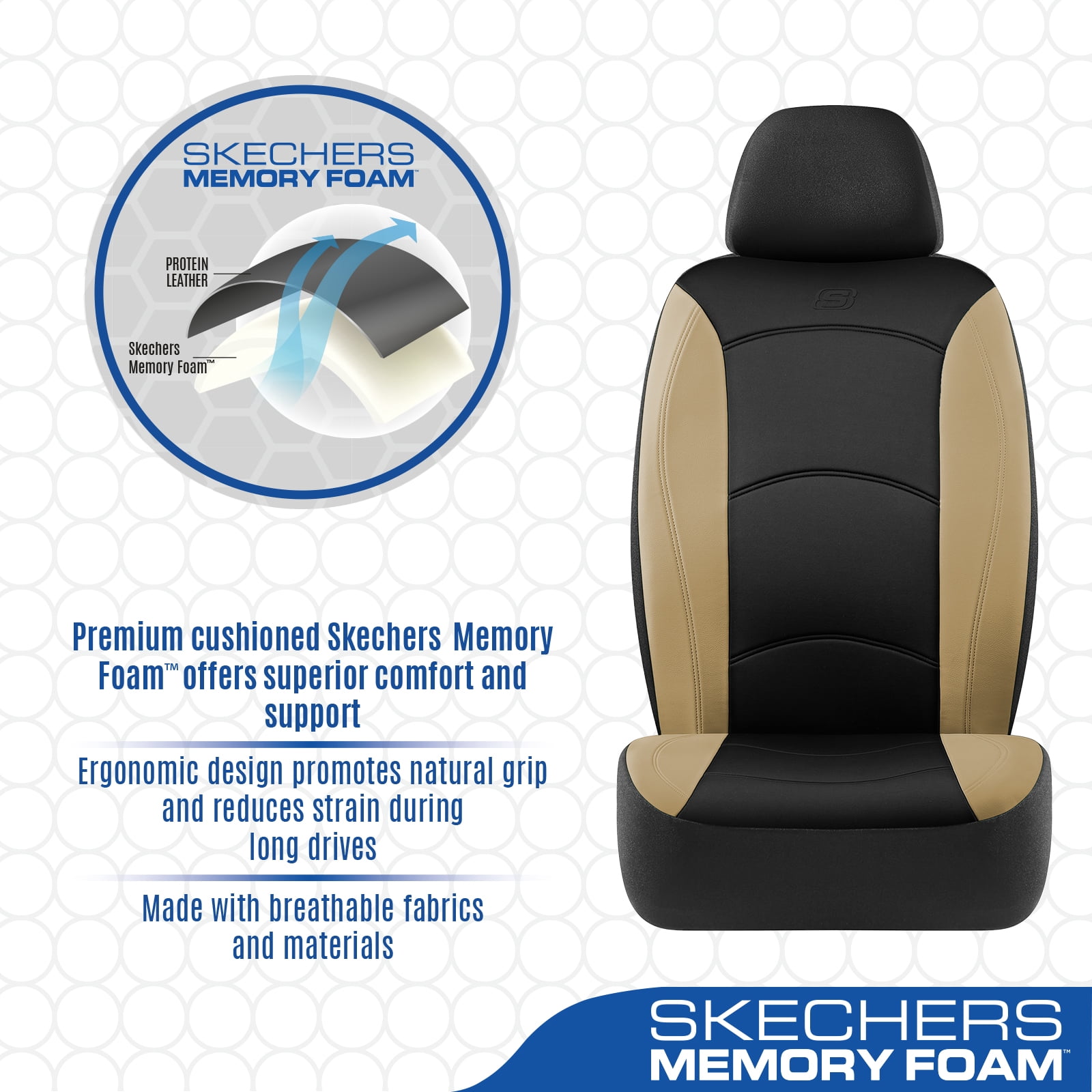 Skechers Lycra Memory Foam Car Seat Covers,Soft,Comfortable,Universal Fit for Cars,Trucks and SUVs Beige
