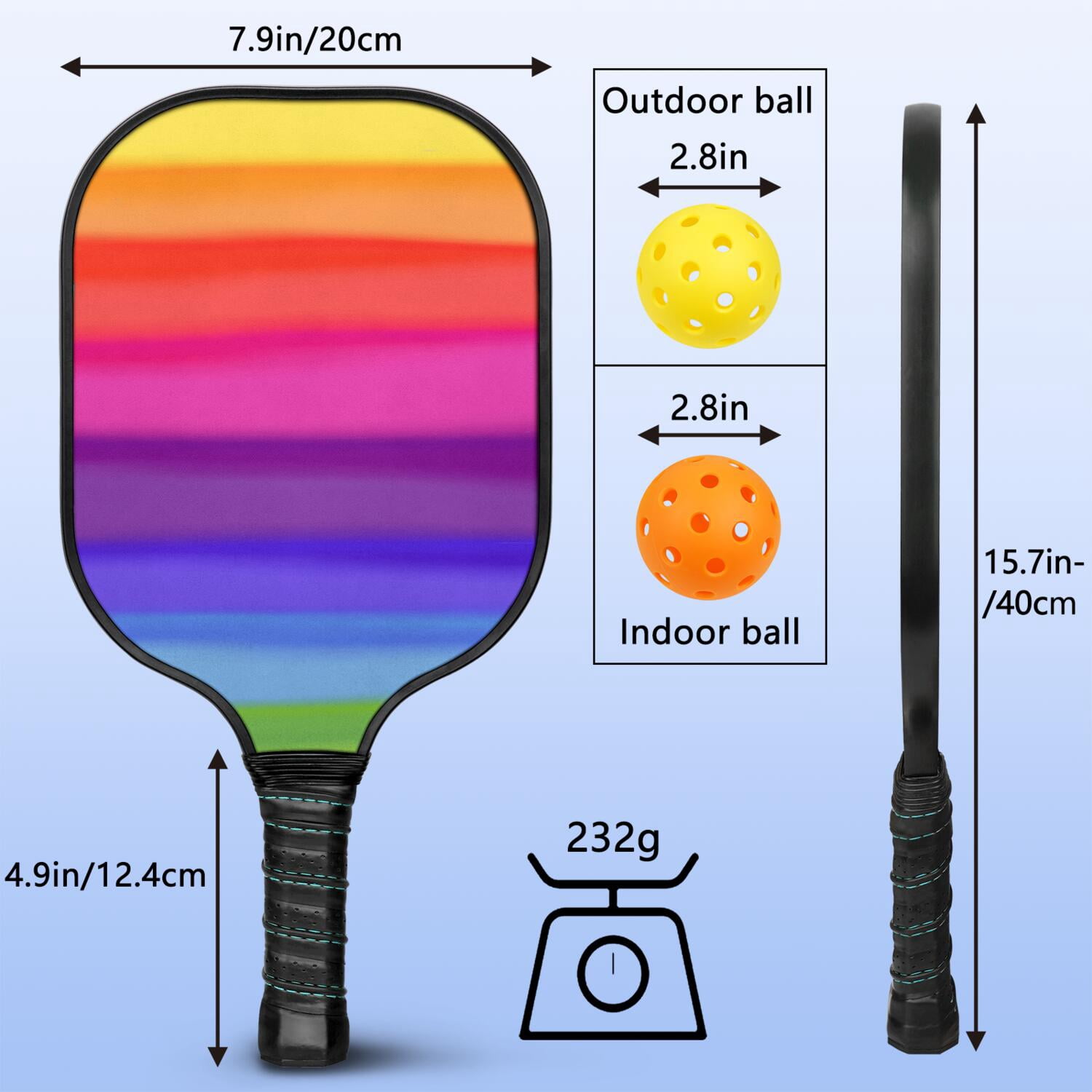 Pickleball Paddles Set Of 1, Fiberglass Surface, Vibrant Rainbow Print, 1 Paddle, 2 Balls & Bag