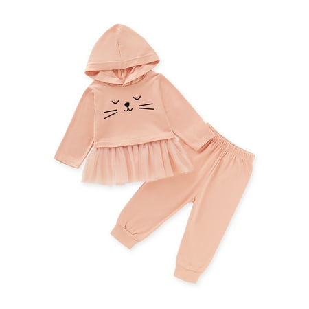 

12 Months Baby Girls Clothes 18 Months Girls 2PCS Fall Winter Outfits Cat Print Toddler Girls Long Sleeve Hooded Top Pants Set Pink