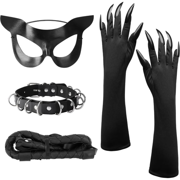 4/6Pcs Halloween Cat Woman Costume Accessories, Black Cat Mask Cosplay Costume for Women, Faux Leather Gloves Necklace Outfit
