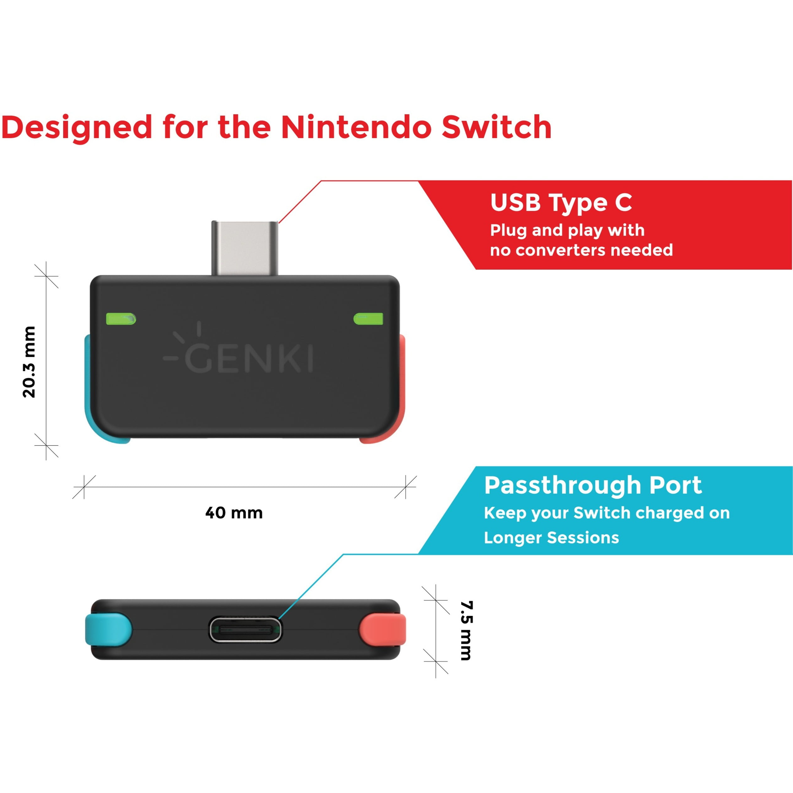 Genki Bluetooth Audio Adapter for Switch, PS4 and PS5, Neon