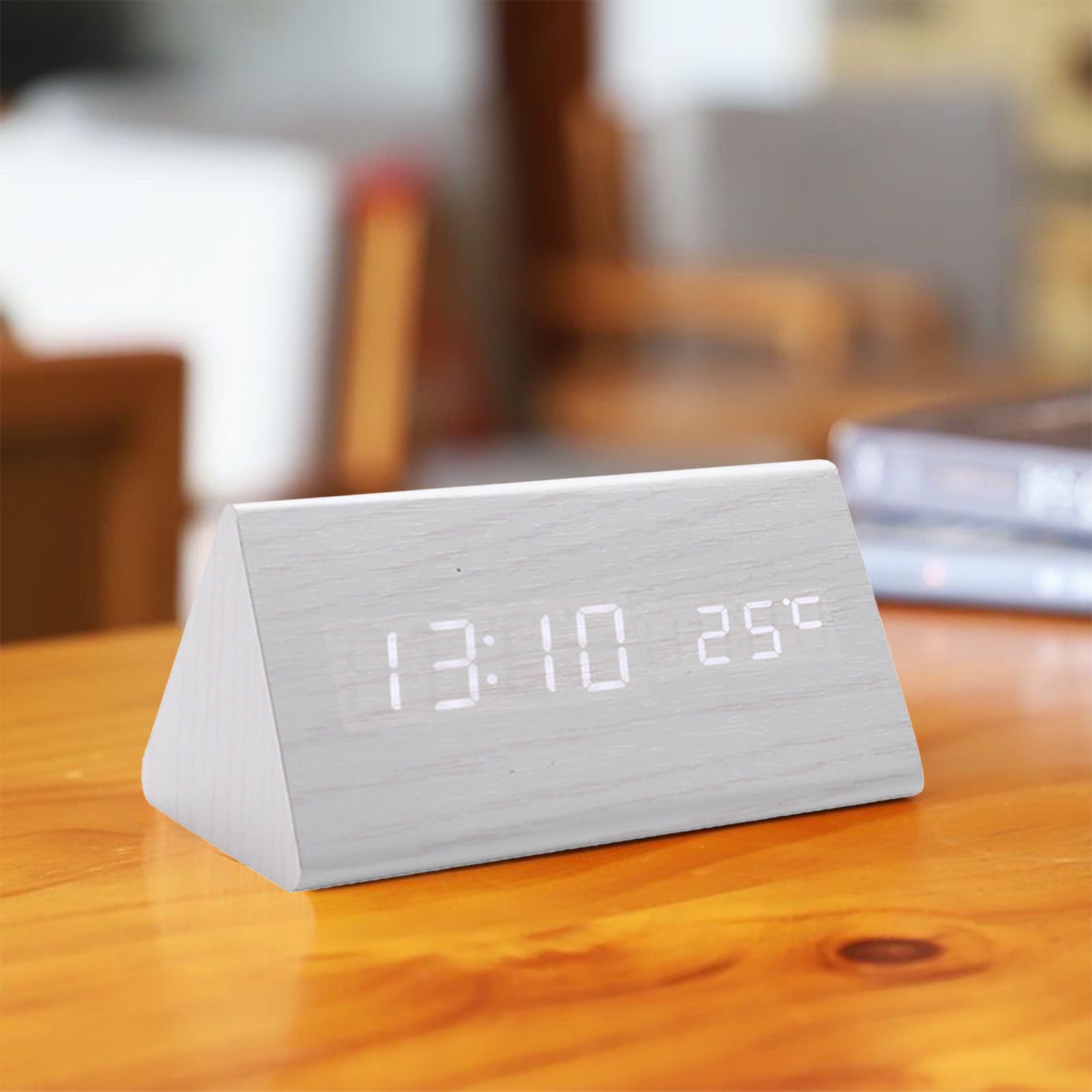 VQPeo Modern Wooden LED Alarm Clock – Digital Wall or Desk Clock with Day, Date & Temperature Display, USB & Battery Powered, Adjustable Brightness, 3-Alarm Timer