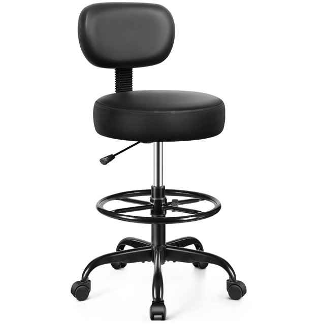 Chaise de Dessin avec Dossier - Repose-Pieds Réglable Tabouret Roulant avec Roues, Tabouret Pivotant en Cuir PU pour Bureau Spa Studio Laboratoire Comptoir Salon Maison Travail Bar Cuisine (Noir)