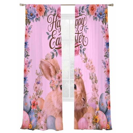Happy Easter Sheer Curtains 2 Panels Set Spring Rabbit Colored Eggs Floral Pink Sheer Window Curtains Light Filtering Rod Pocket Voile Drapes for Bedroom Living Room 52 X108